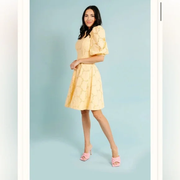 Rachel Parcell Buttercup Puff Sleeve Eyelet Fit & Flare Dress 100% Cotton - Picture 2 of 14